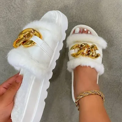 

2021 metal chain fur slides fashion high quality wedge ladies sandals wholesale solid daily life platform women's sandals