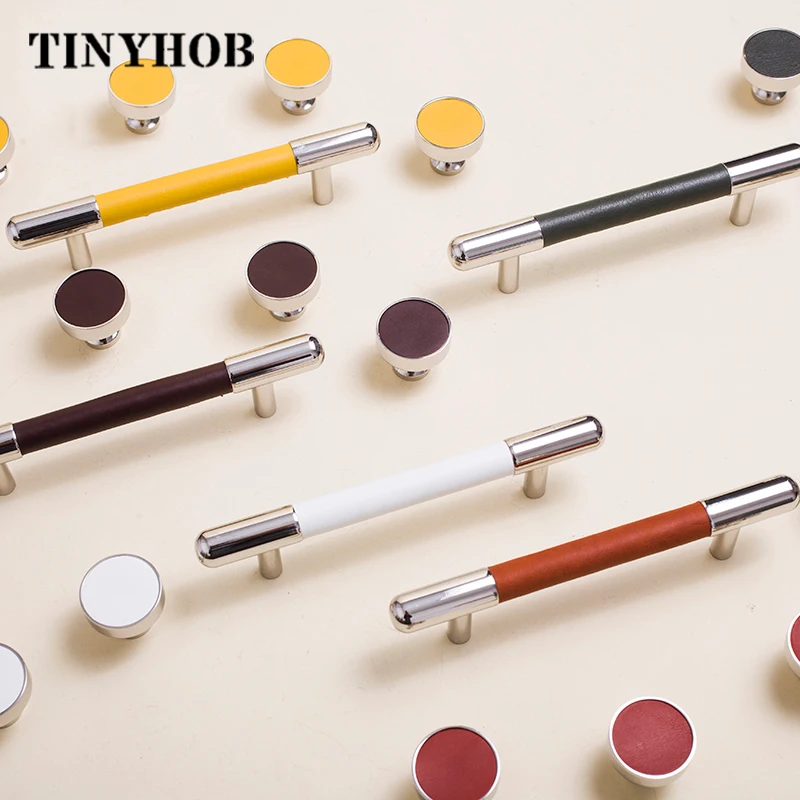 

Multiple Colour Leather+Stainless Steel Handles And Knobs Drawer Cabinet Knobs Kitchen Door Handle Cupboard Pull Handles LT-0001