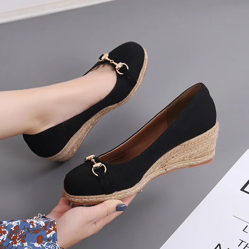 

Horsebit decor linen upper wedge heels women single shoes round toe platform sole lady espadrille pumps slip on footwear