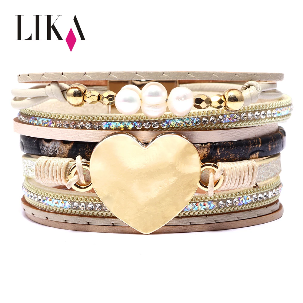 

LIKA Romantic Handmade Rope Fashionable Pearls Gold Charm Layers Pu Women Magnetic Clasp Fashion Leather Heart Bracelet