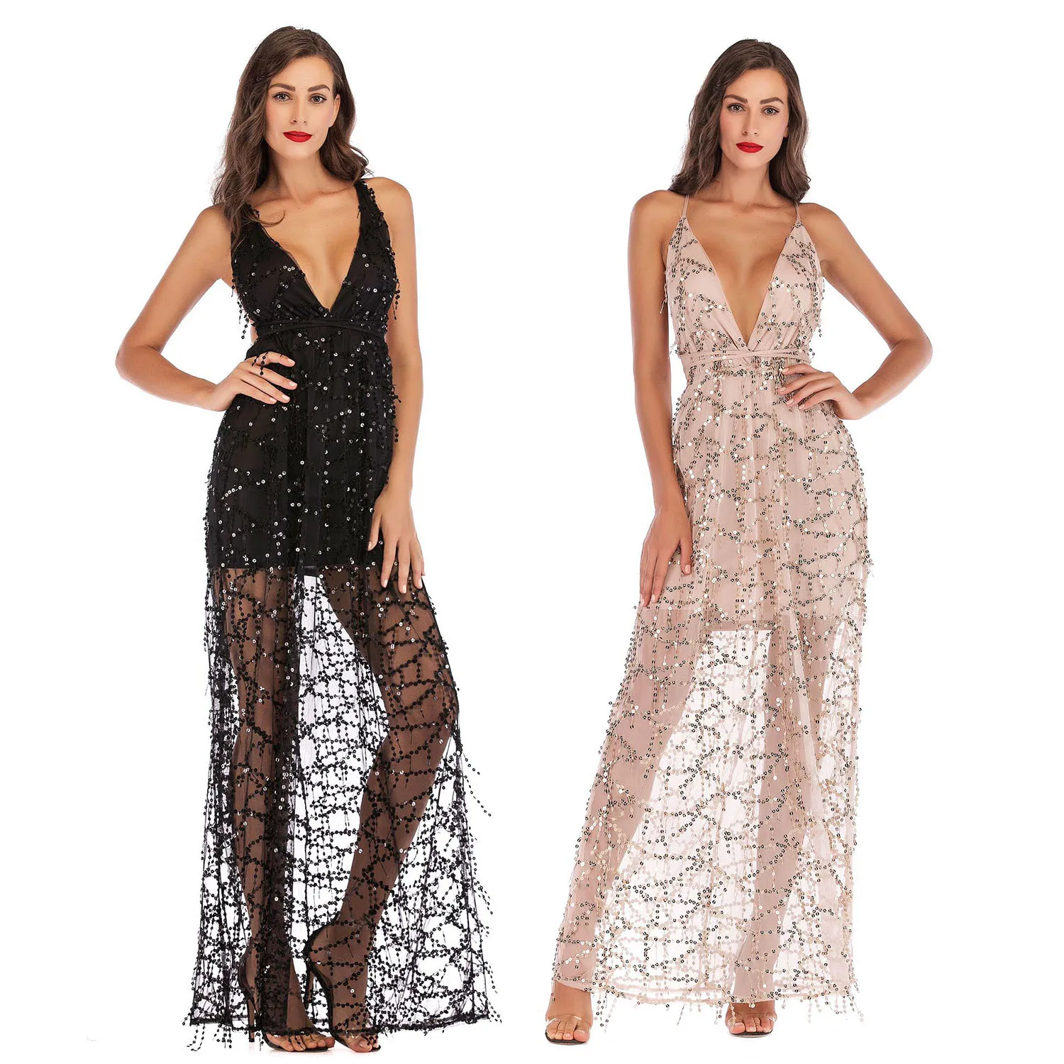 

Sexy Backless Deep V-neck Strapless Tassel Sequined See Through Women Long Party Evening Dress, Picure
