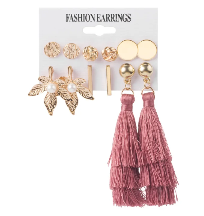 

wholesale custom fashion luxury earrings sets creative pearl zircon bohemian beach 6-piece tassel earrings set, 10color