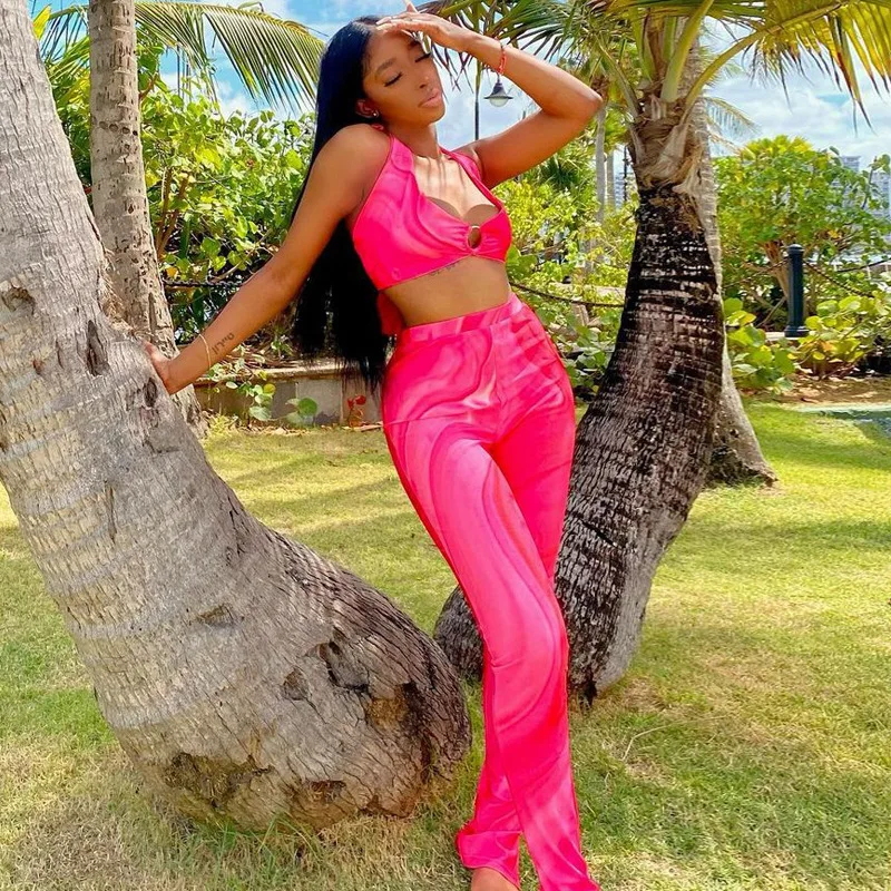 

Sexy High Quality Two Piece Set Halter Top And Long Pant Summer Women Set Elegant 2 Piece Set Women Outfit, Shown