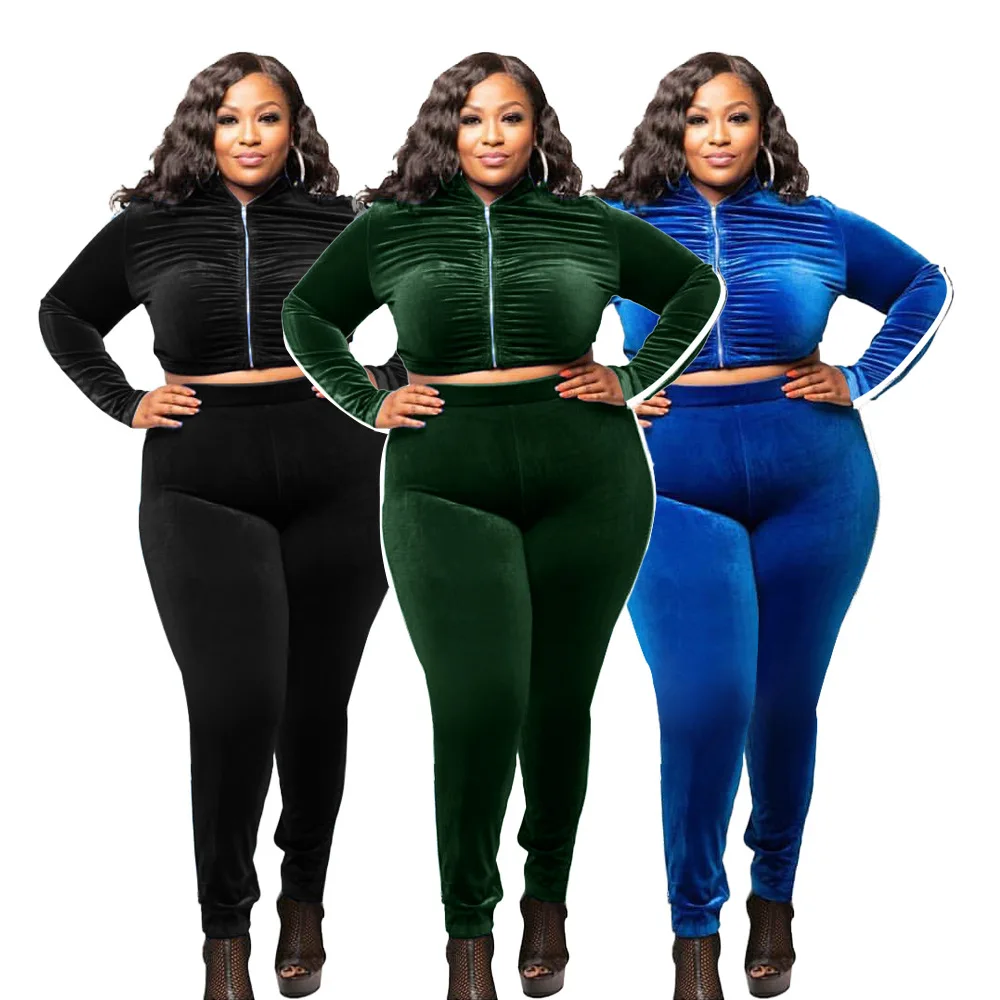 

Plus Size Women Clothing Fall Winter Clothes Casual Long Sleeve Solid Color 2Piece Outfit Rib Velvet Two Piece Set
