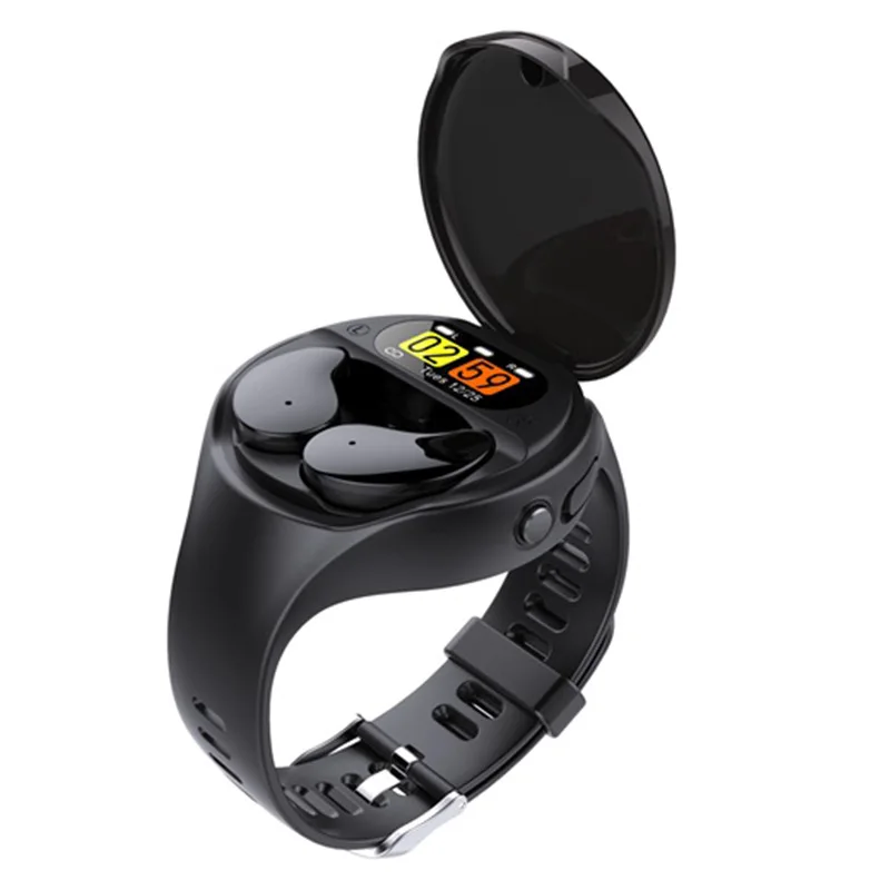 

2021 new arrival tws bt wireless earphone watch W01 sport smart bracelet 2 in 1 smart wristband watch earbuds with earphone, Black