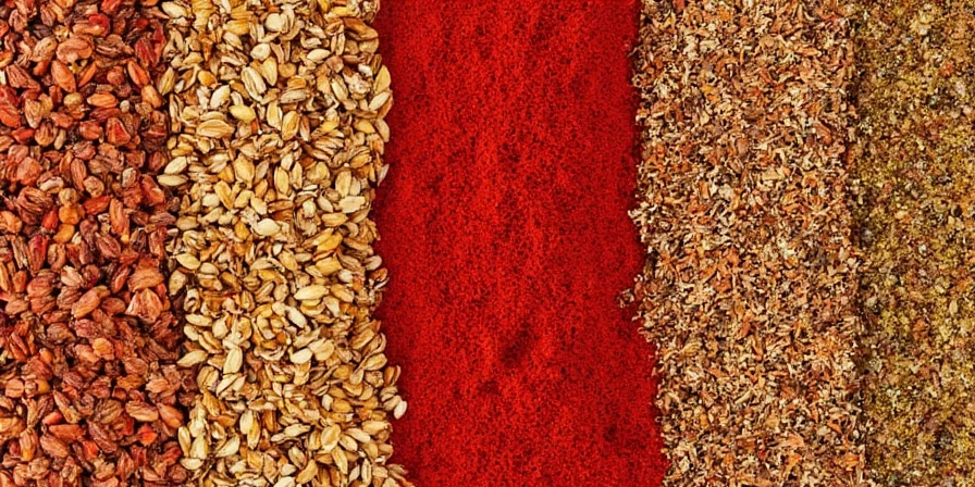 Side by side comparison of ras el hanout, harissa, garam masala, and berbere spice mixes