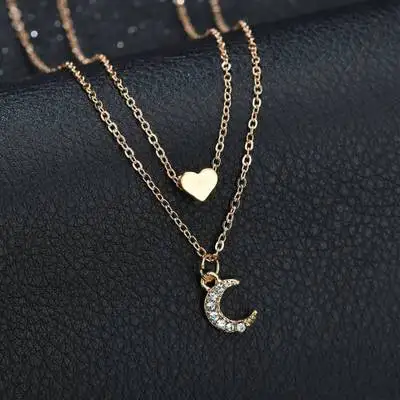 

New fashion bling heart moon pendant necklace set female combination clavicle chain, As pic