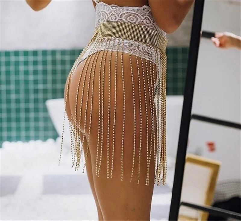 
Customize Sexy Exaggerated Nightclub Super Flash Rhinestone Tassel Jewelry Necklace Waist Body Chain 