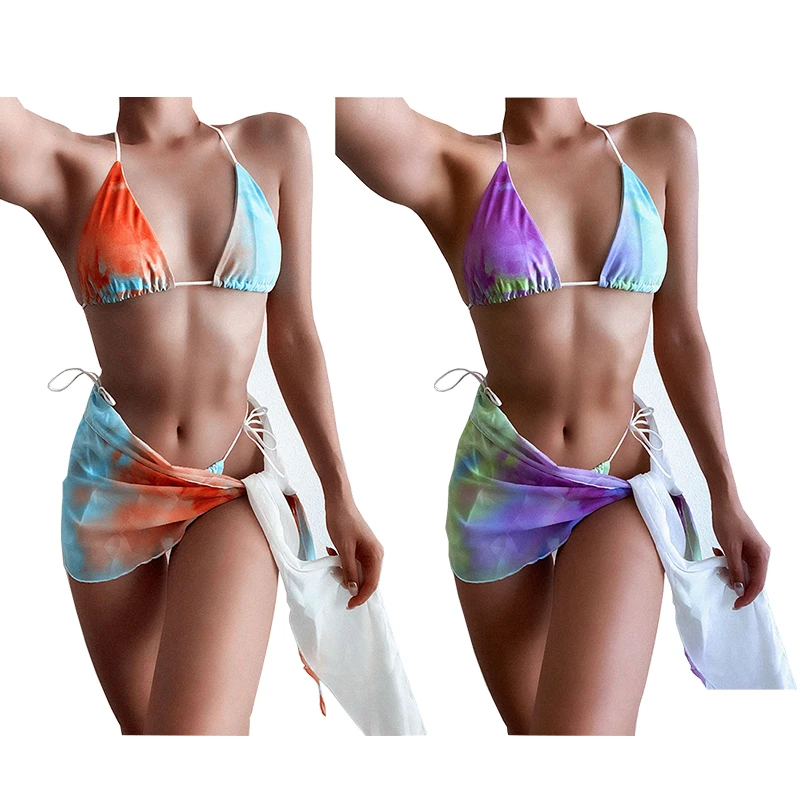 

2021 new trend wholesale swimsuit sexy lace up swim wear Bandage three piece set tie dye beachwear bikini, Muticolor