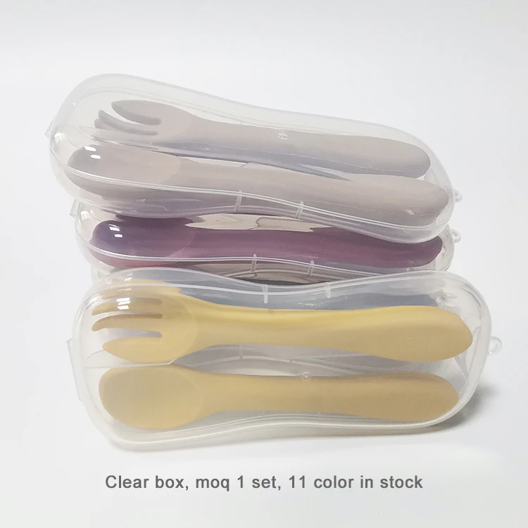 

CFT Food Grade BPA Free Toddler Training Soft Tip Silicone Kids Baby Spoon And Fork Set With Case, 12 colors