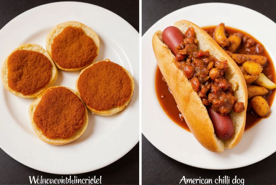 Side-by-side comparison of traditional Austrian wienerschnitzel and American chili dog on separate plates