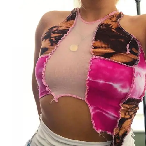 

2021Contrast Stitch Sexy Crop Top Women Clothing Colorblock Tie Dye Ribbed Patchwork Mesh Tank Tops