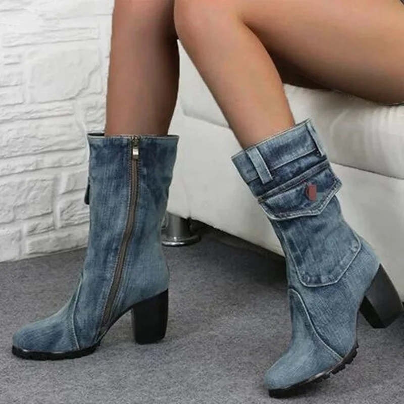 

B24187A European and American Large size high-heeled denim mid calf boots