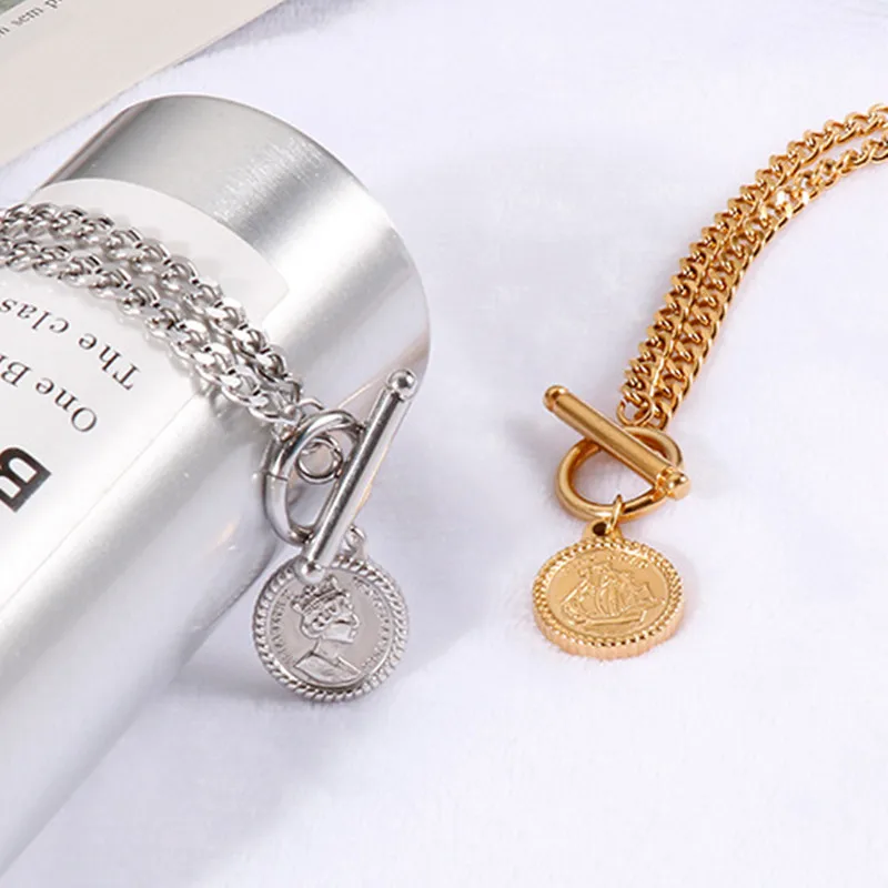 

Hot Sale 18K Gold Plated 316L Stainless Steel Queen Head Coin Lariat Necklace