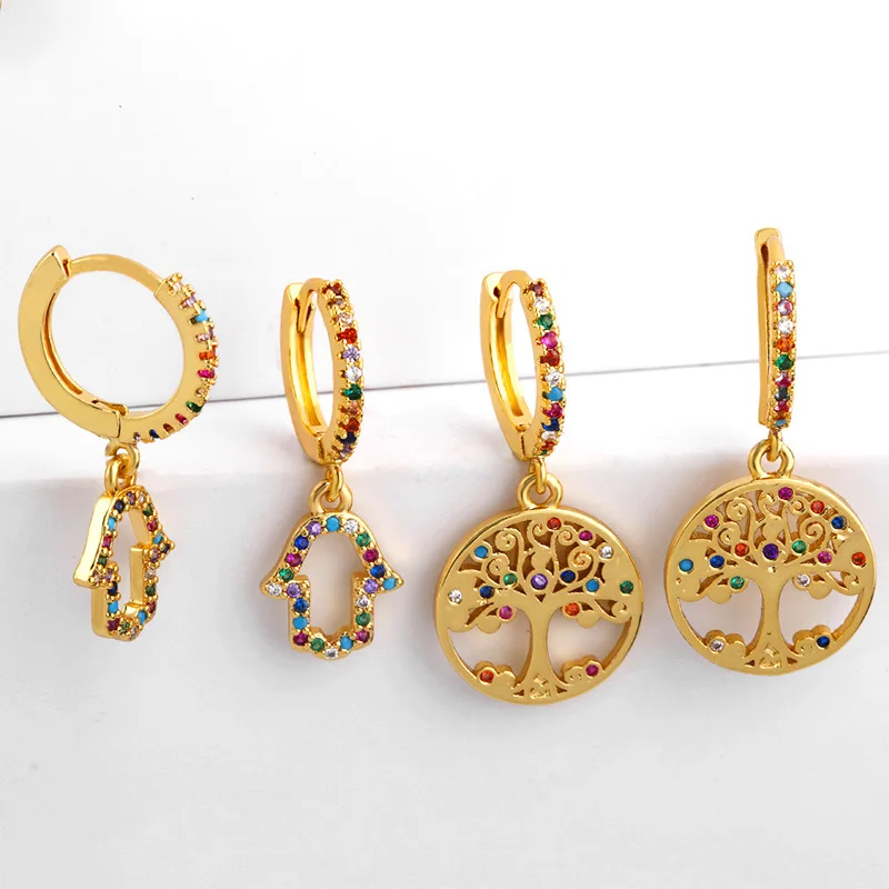 

Micro-inlay Colorful Zircon Tree Of Life Earrings Small Hoop Irregular Geometric Wedding Earrings Luxury, Gold color earring