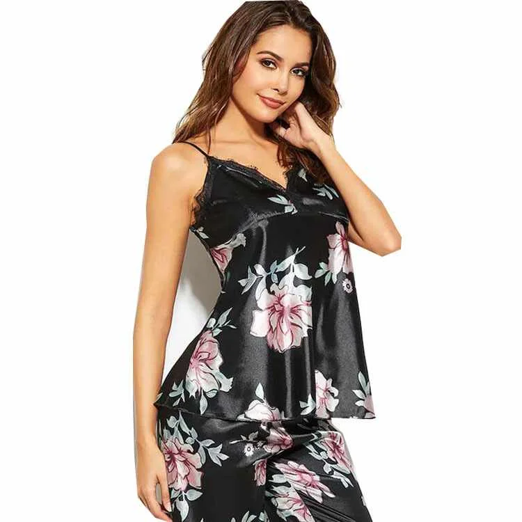 

rose printed women silk pajamas pj set Women's Lace Sleepwear women night wear Victorias silk pajamas secreted