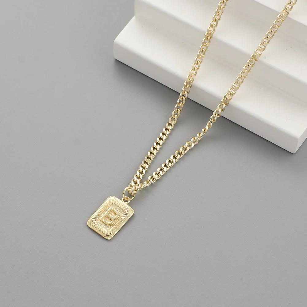 

European And American Style Men Brass 18K Gold Rectangle Alphabet Letter Pendant Necklace