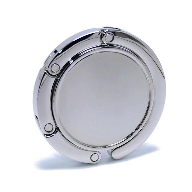 

Wholesale Or Custom Simple Design Alloy Handbag Folding Bag Purse Hanger Holder For Gift Round Metal Blank Silver Purse Hook