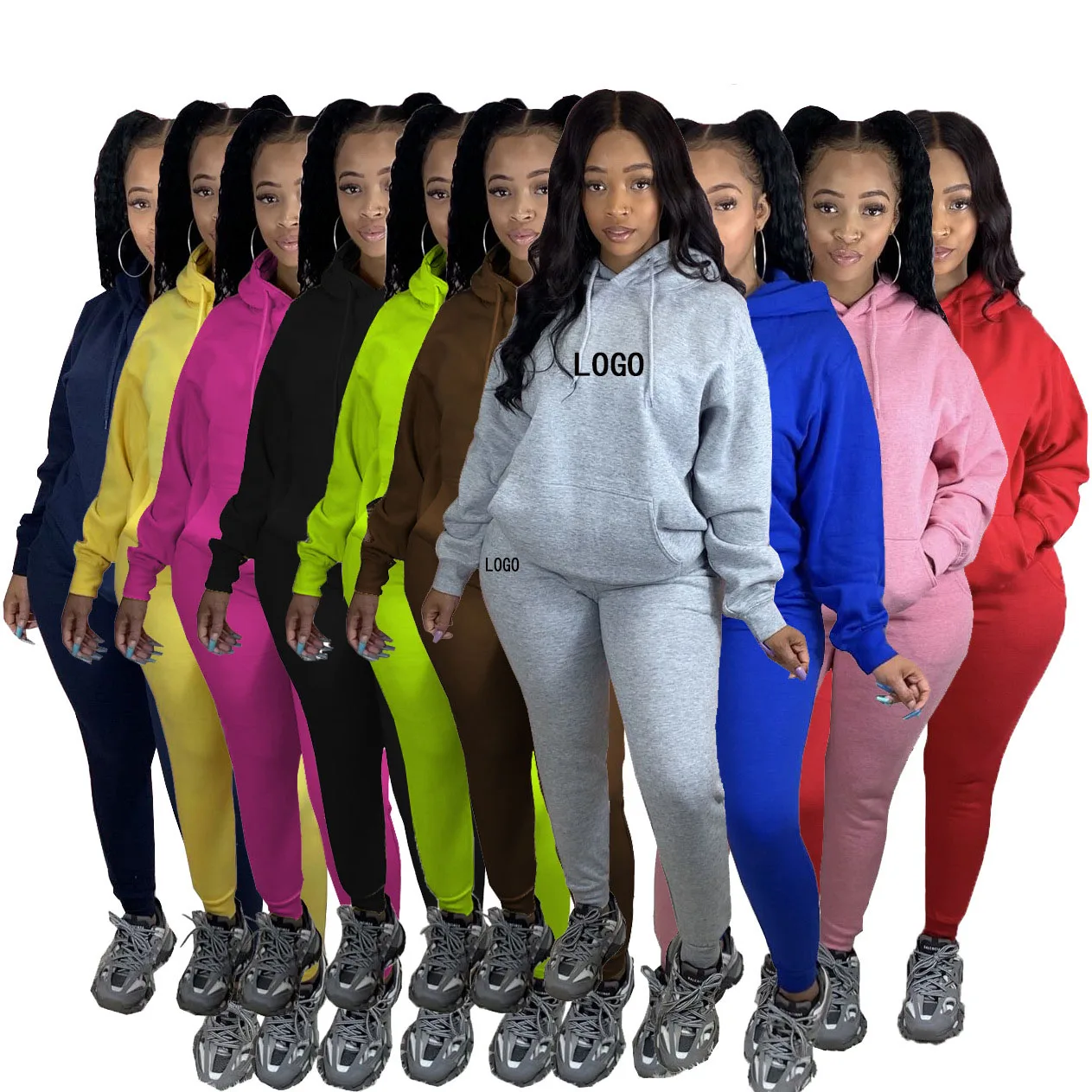 

Customized Logo hooded plain color two piece pants set women fashion fall clothing women jumpsuit long sleeve two piece set