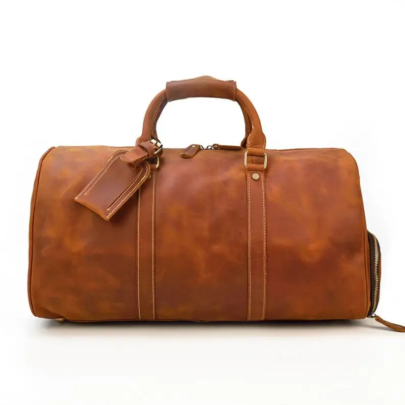 

Bearky Customized Label Genuine Real Leather Weekend Travel Suit Bag Tote