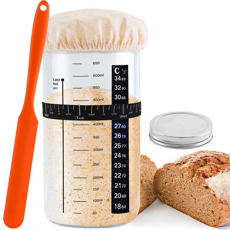 

Sourdough Starter Kit Reusable For Sour Dough Bread Making Jar With Thermometer/date Marked Feeding Band/scraper/cloth Cover