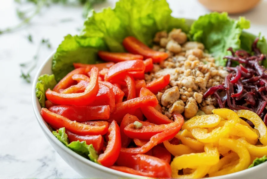 Colorful salad bowl featuring sliced red bell peppers alongside other vegetables and lean protein