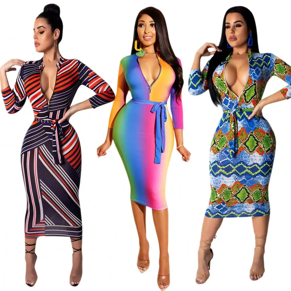 

zipper design print bandage bodycon plus size women midi dress, As picture showed