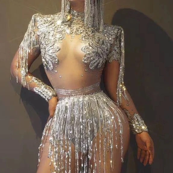 

Free Drop shipping Silver Gold Tassel Long Sleeve High Elasticity Bodysuits Nightclub Party Dance Costumes
