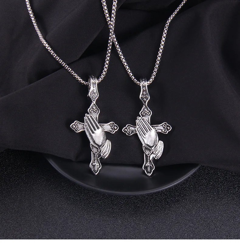 

Catholic Retro Personality Cross Stainless Steel Necklace Pendant Hands Combine Religious Jewelry Necklace One Drop Delivery, Silver color