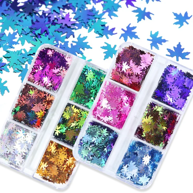 

Paso Sico 6 Grids/box 6mm Magic Change Laser Shiny Colors Mixed Maple Leaf DIY Nail Art Sequins for Manicure Accessories Charms