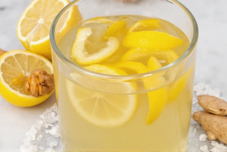 Ginger tea preparation showing fresh ginger slices steeping in hot water with lemon and honey