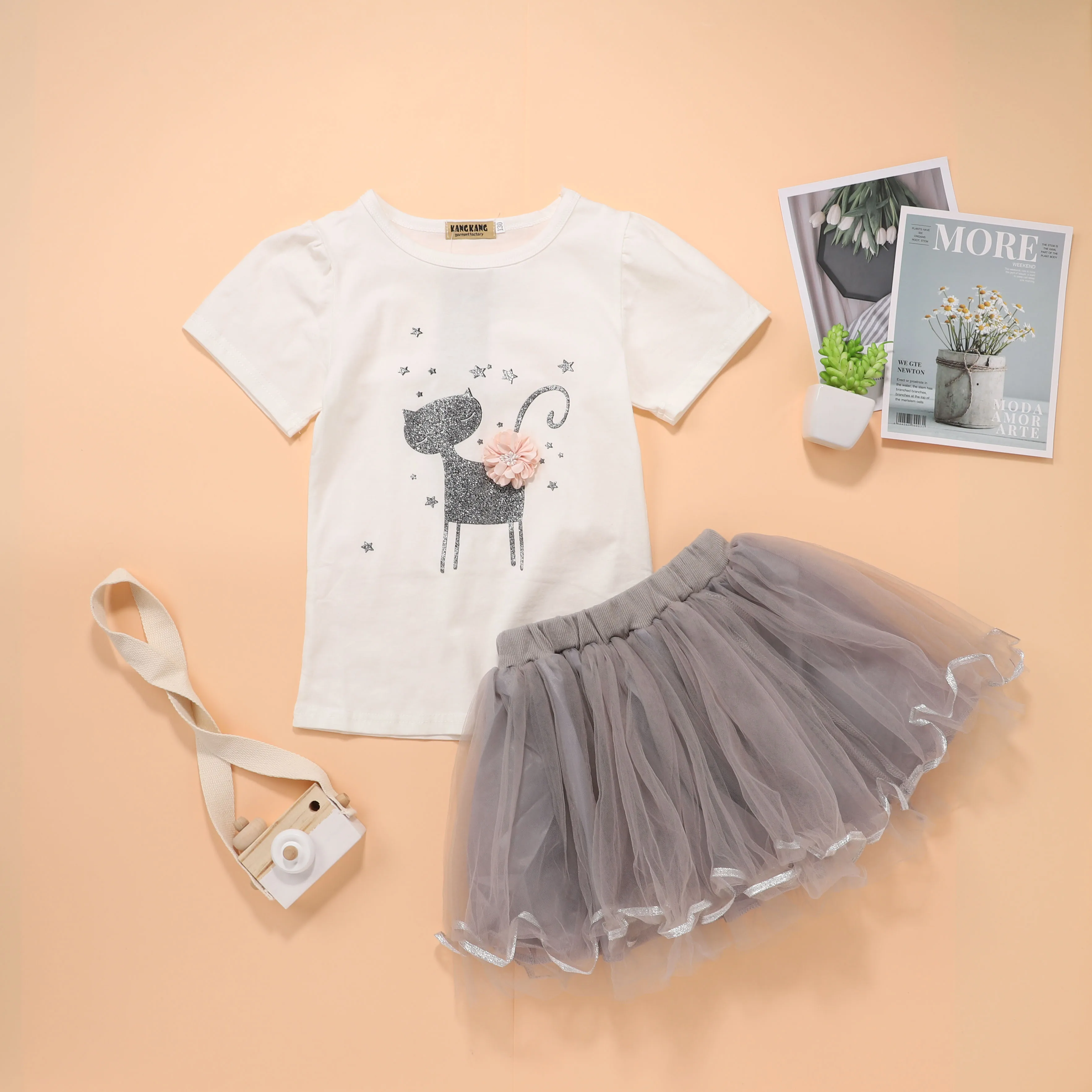 

Amazon kids clothing lovely cats printing baby girls skirt sets 2 pcs baby clothes