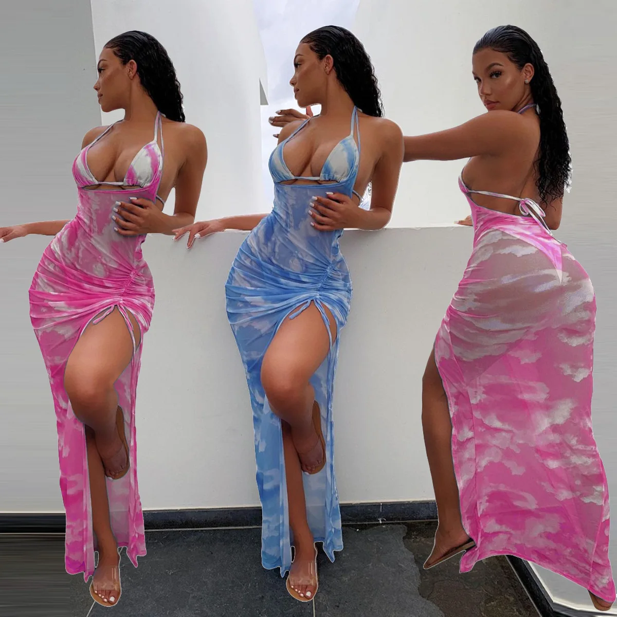 

M9023 Sexy thong bikini set and mesh maxi derss cover up bathing suits 2021 women printed three piece swimwear