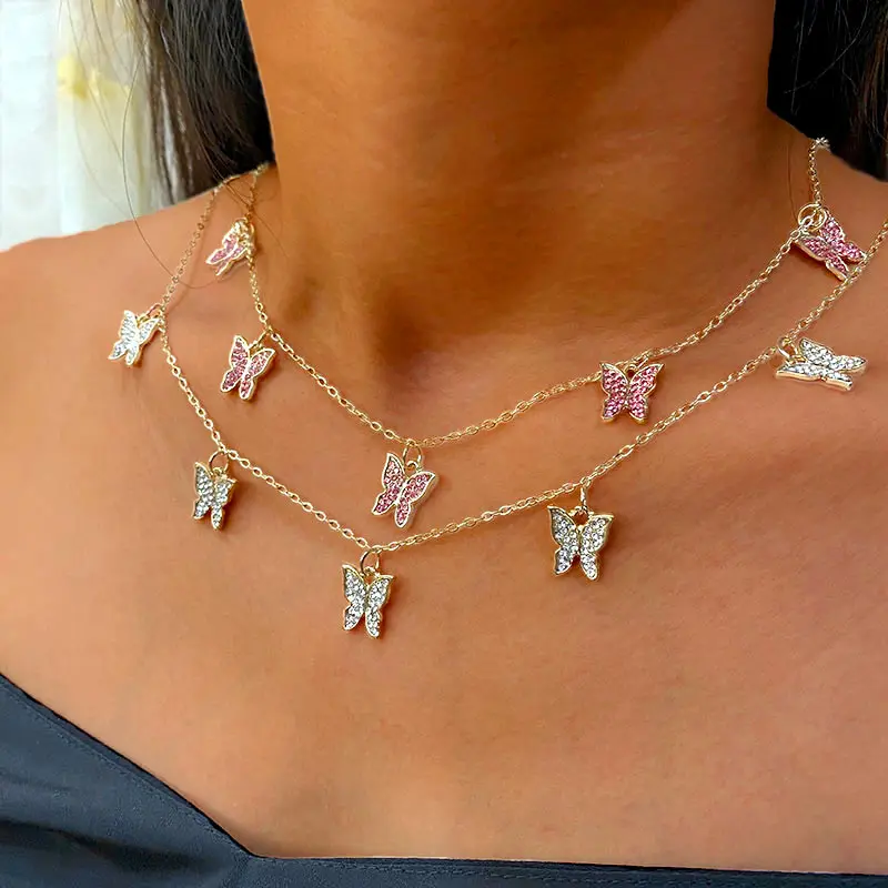 

Charm Gold Plated Stainless Steel Chain Crystal Butterfly Necklace Butterfly Jewelry Pendant Necklace, 4 colors