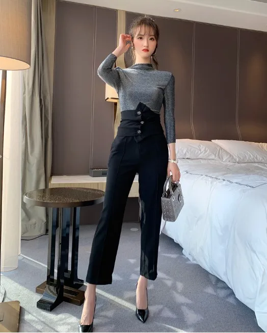 

2021 Women's New Fashion Blouse High Waist Long Sleeve Pants Casual Suit 2 Piece Sets