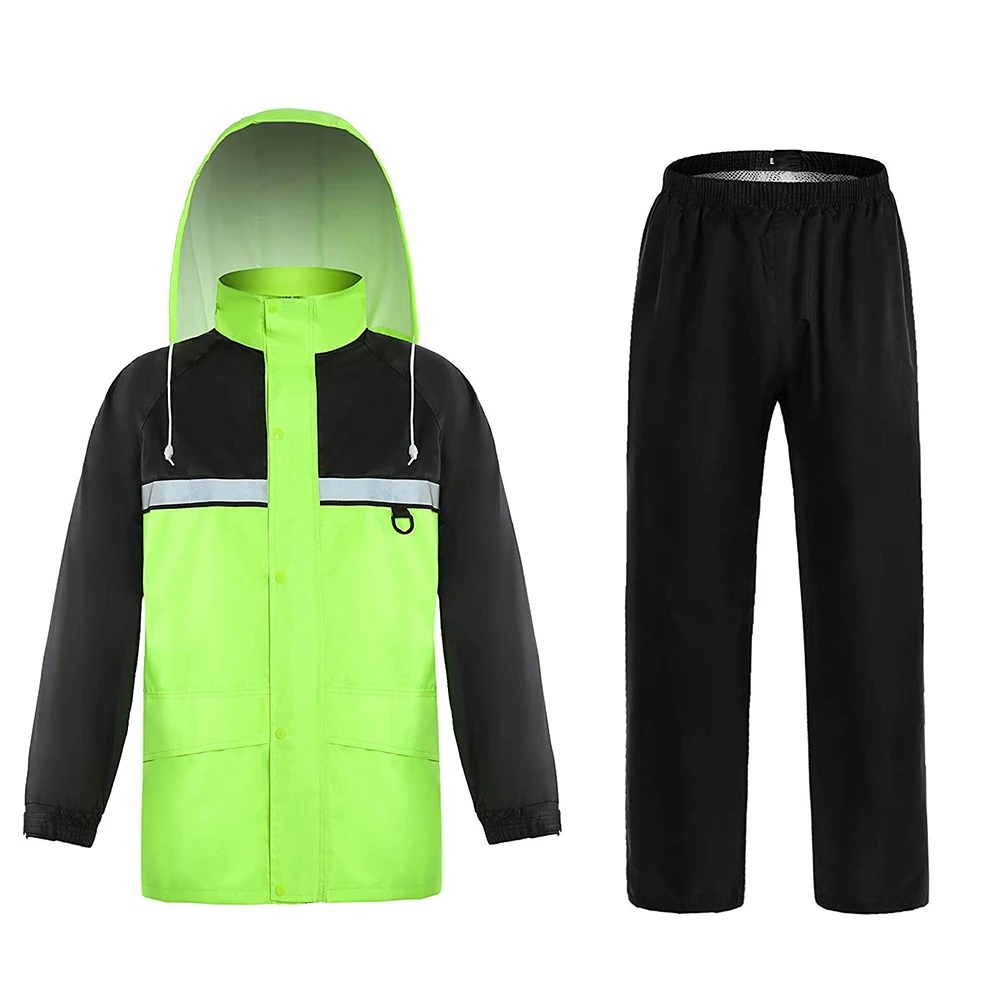 

ZUJA High Visibility Adjustable Hood Black Pants Mesh Lining Rain Suit, Green and black