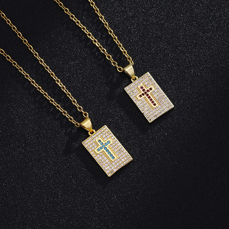 

Fashion Jewelry CZ Zirconia Cross Pendant Necklace Micro Pave Gold Plated Full Diamond Dog Tag Cross Pendant Necklace