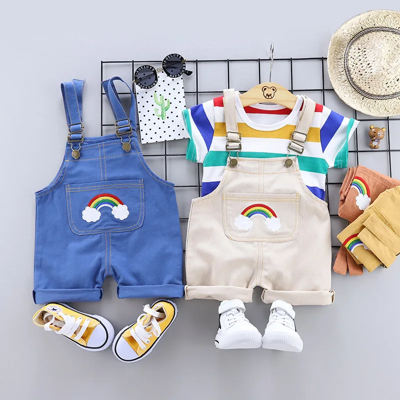 

2021 Newborn Outfits Baby Boys Clothes Cute Rainbow Stripe Tops Short Sleeve T-shirt Straps Short Denim Pant Bodysuit Summer Set