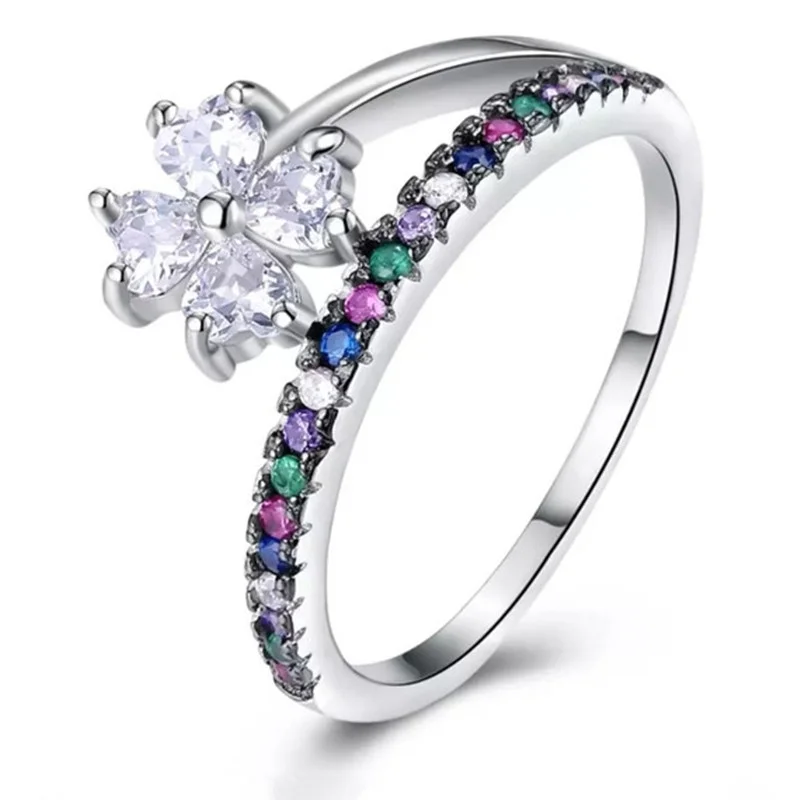 

CAOSHI Women Jewelry Rainbow Multicolor Zircon 925 Silver Plated Bow flower Rings