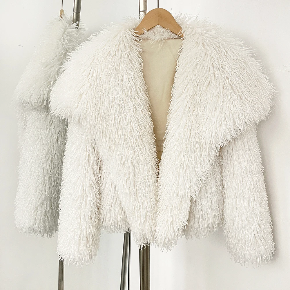 OFTBUY 2025 Winter Fashion Faux Fur Coats Fluffy Artificial Mongolian Fur Coat Sheep Fur Coat Women Elegant Big Turn-down Collar