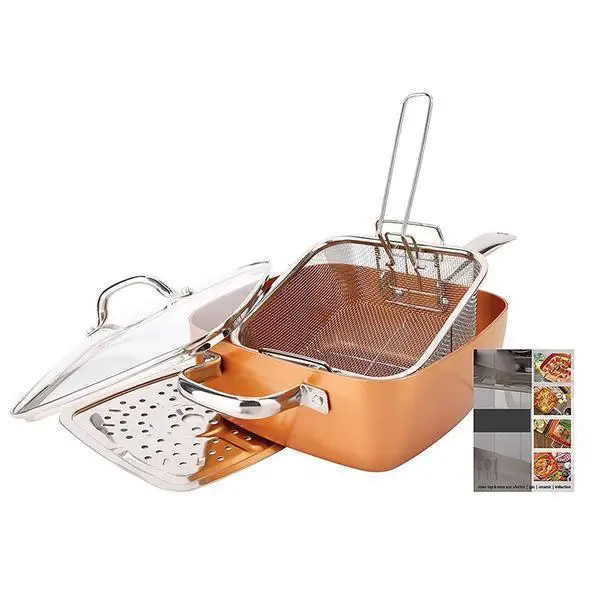 

Hot Sale as Seen on Tv Ceramic Coating Aluminum Copper Pan Chef Frying Pan with Metal Stainless Steel Handle and Basket