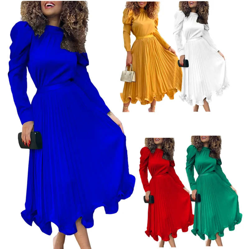 

D3239 Latest Design Autumn 2 Piece Skirt Sets Elegent Puff Sleeve Top And Pleated Skirt Set Two Piece Outfits For Women