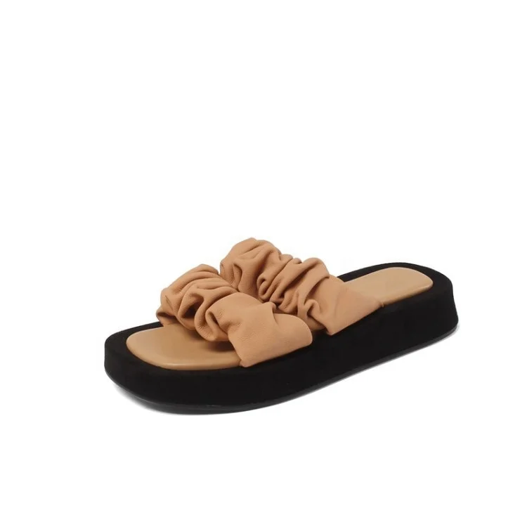 

Folded Leather Word With Simple Thick-soled Sandals And Slippers Open-toed Sponge Cake Casual Lazy Slippers