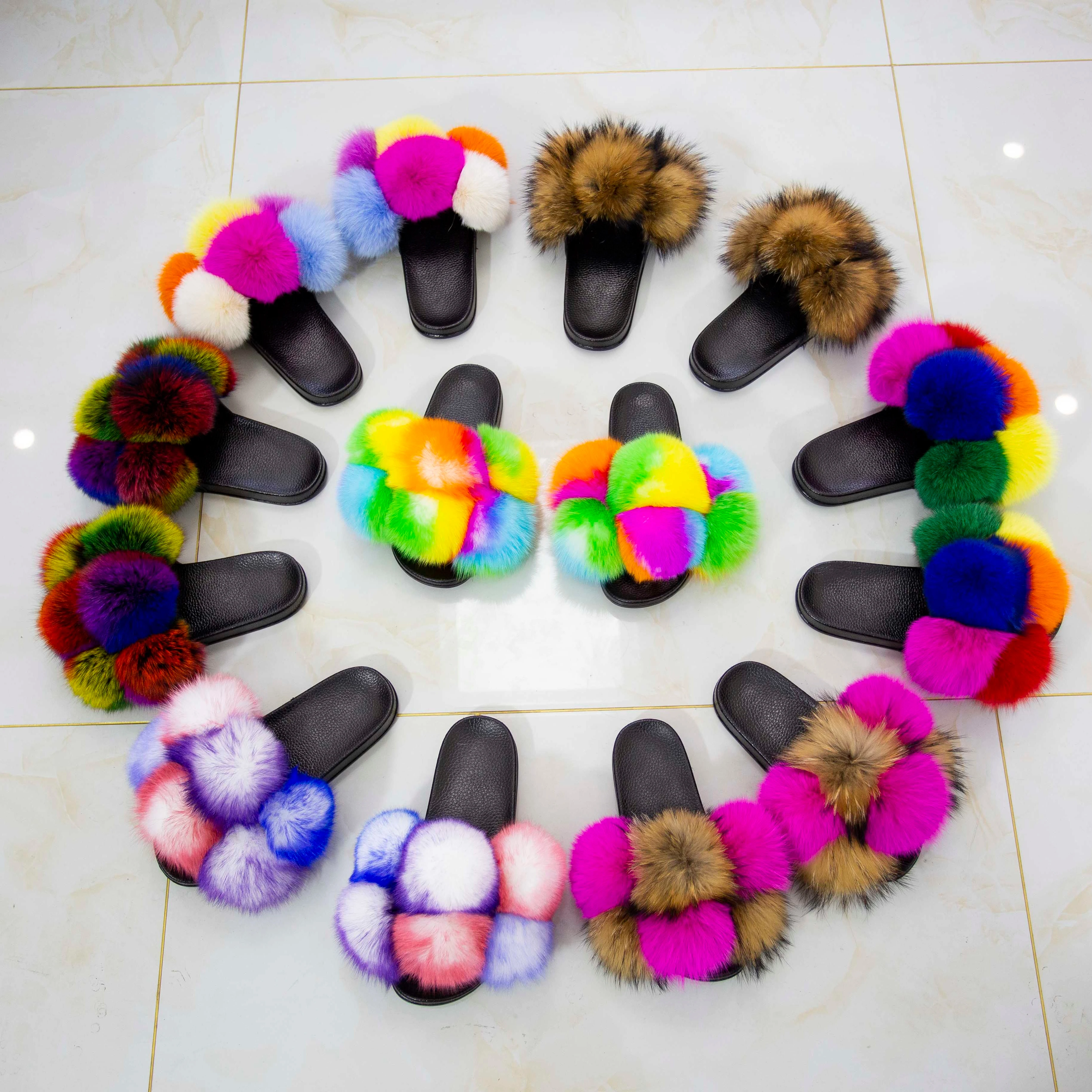 

Customized colorful raccoon children spherical fur slippers real fox spherical fur slippers women Ball slippers