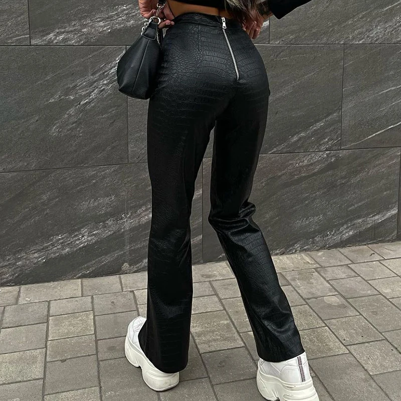 

Best Selling High Waisted PU Fabric Female Slit Leather Pants Casual Solid Black Faux Leather Pants With Zipper