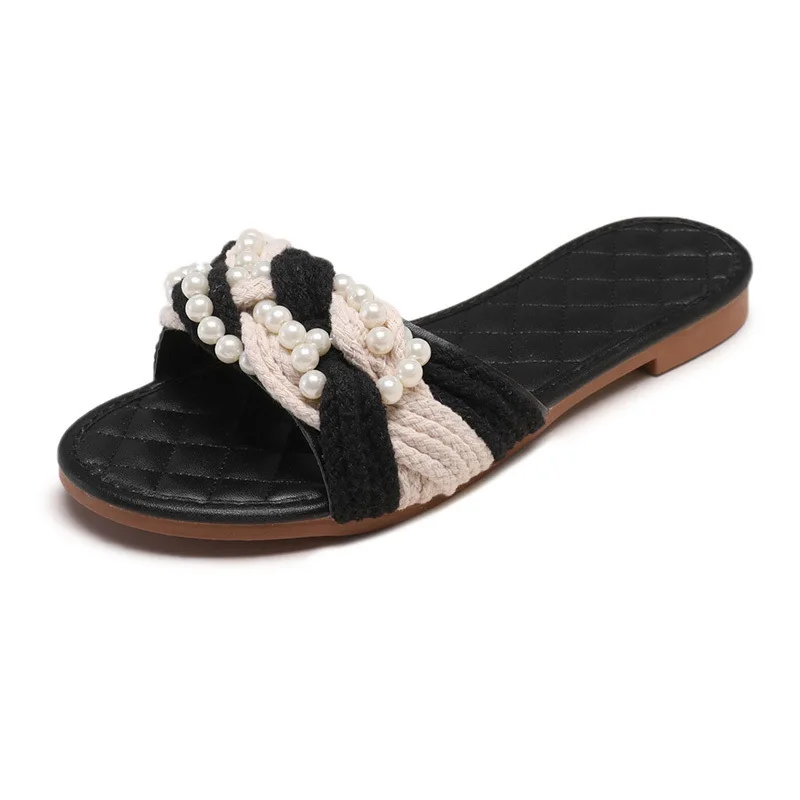 

dress shoes 2021 summer Korean version shining pearl accessories sandals casual wear flat bottomed women's slippers
