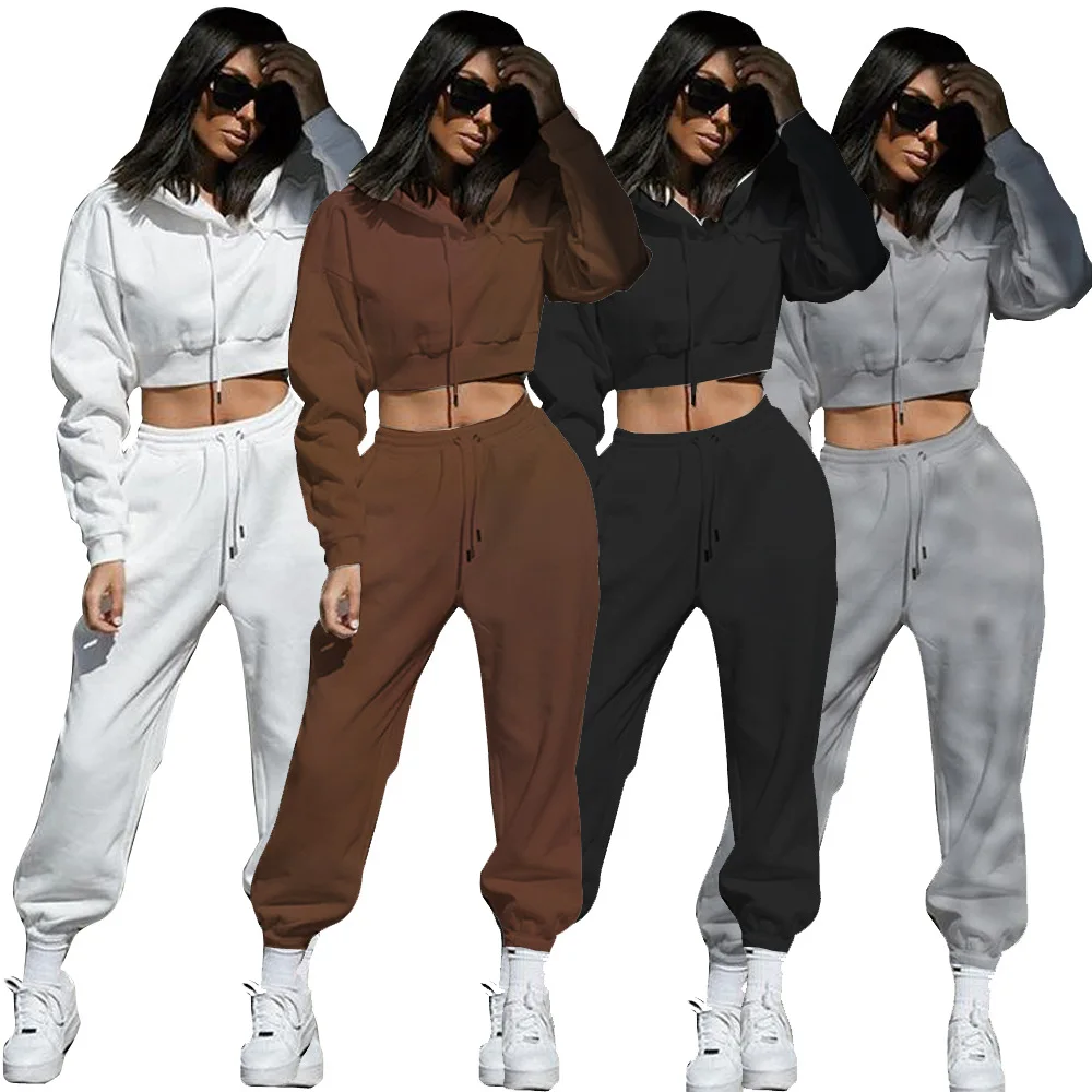 

Crop Top Fleece Round Neck Tracksuit Womens Solid Color Clothing For Women Spring 2 Piece Hoodies Set