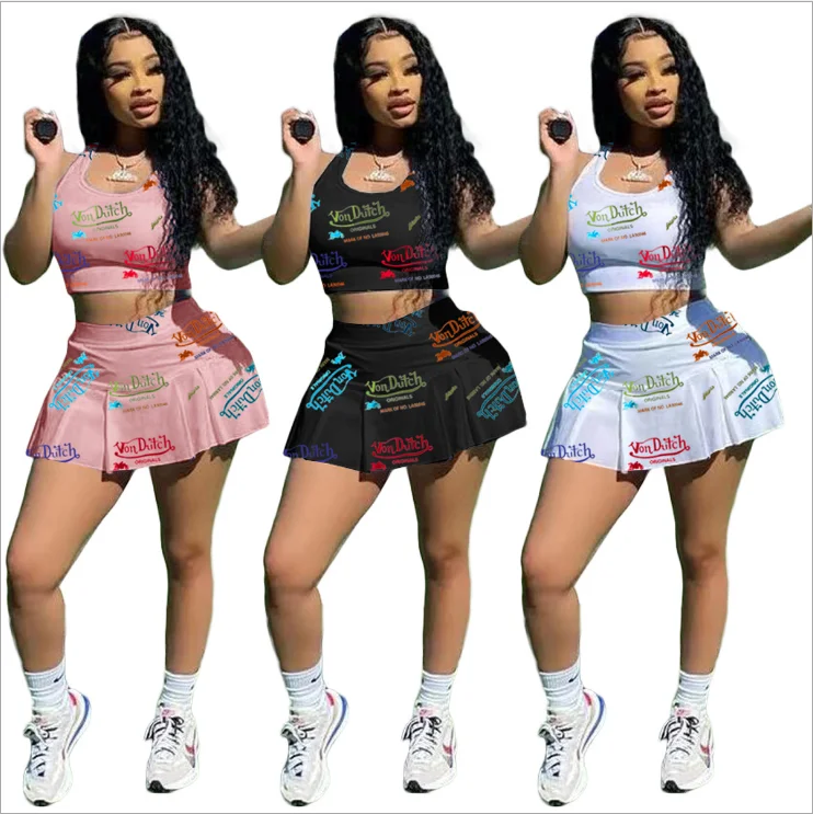 

Casual Letter Print Slim Sport Vest Culottes Tennis Skirt Summer Two Piece Skirt Set, As picture