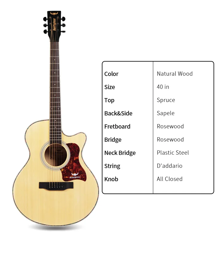 Bullfighter D-4016 Spruce Wood  Affordable OEM Acoustic Guitar Solid Top