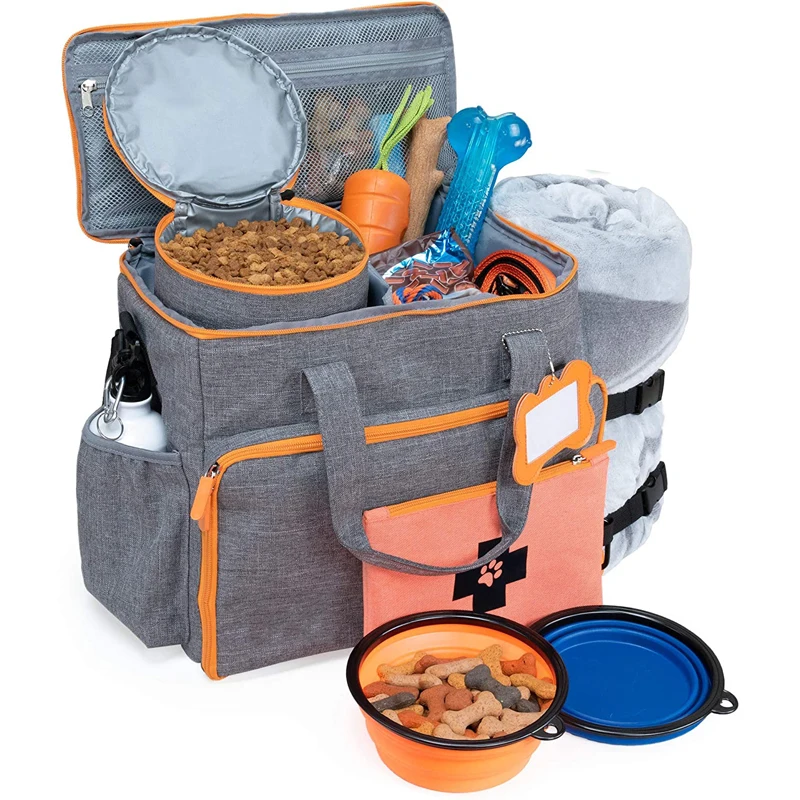 

Dog Travel Bag Week Away Overnight Accessories Organizer Travel Pet Food Carrier Tote Bags for Dogs Cats with Bowls, Customized